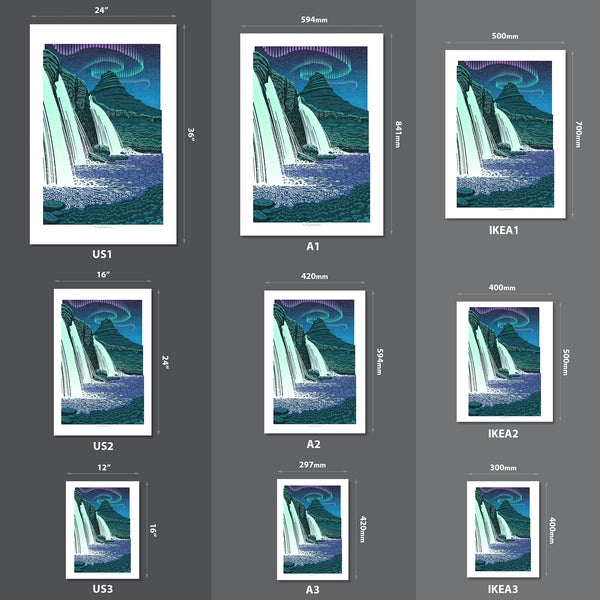 Set of 3 Iceland Aurora Waterfall Prints - Fine Art Prints