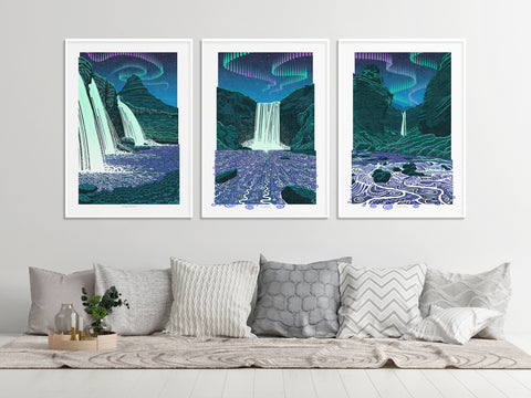 Set of 3 Iceland Aurora Waterfall Prints - Fine Art Prints