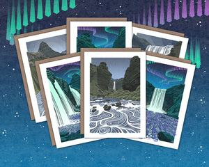 Iceland Aurora Waterfalls Greetings Cards - Set of 6