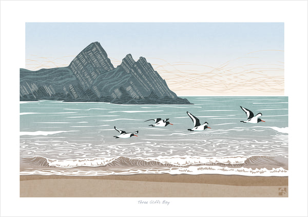 Oystercatchers at Three Cliffs Bay, Gower, Wales - Fine Art Print