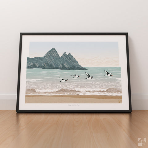 Oystercatchers at Three Cliffs Bay, Gower, Wales - Fine Art Print